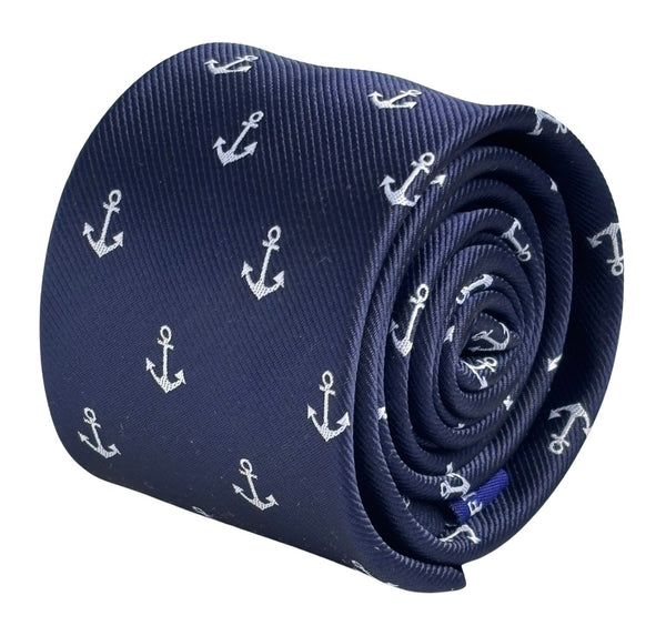 navy dark blue tie with a nautical white anchor design