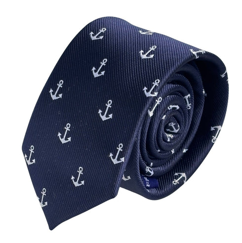 navy dark blue tie with a nautical white anchor design