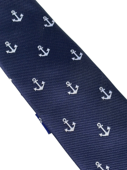 navy dark blue tie with a nautical white anchor design