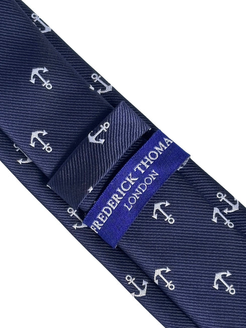 navy dark blue tie with a nautical white anchor design