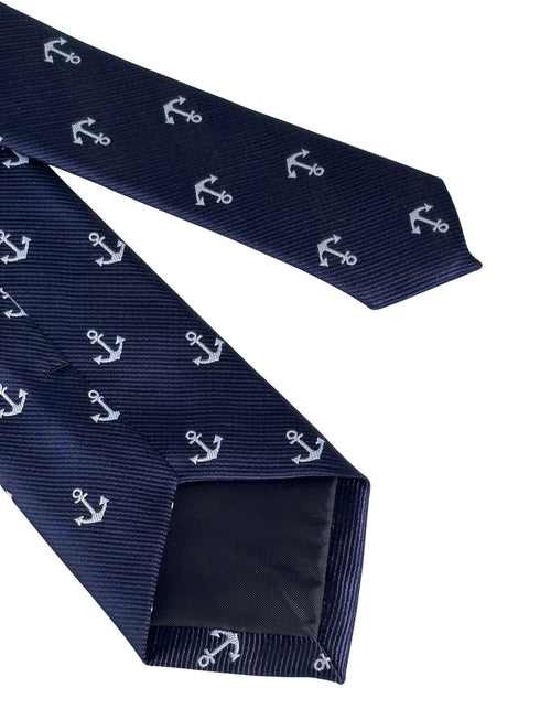 navy dark blue tie with a nautical white anchor design