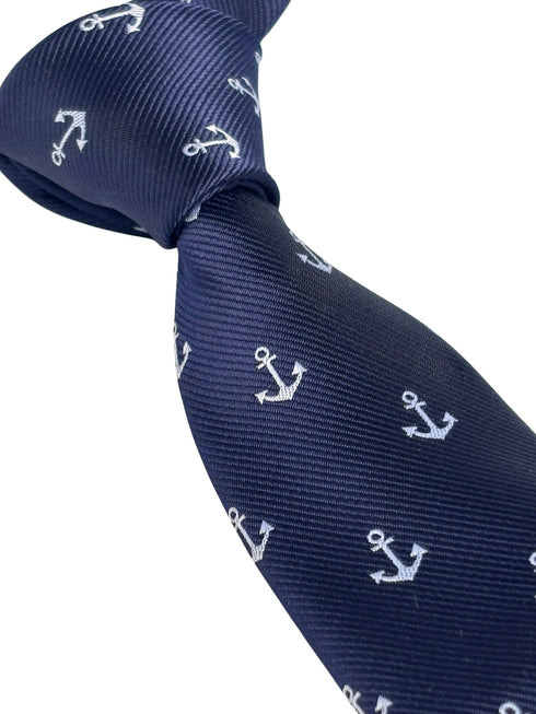 navy dark blue tie with a nautical white anchor design