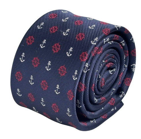 navy tie with a nautical anchor and ship wheel design