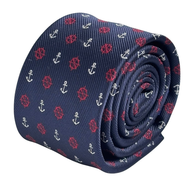 navy tie with a nautical anchor and ship wheel design