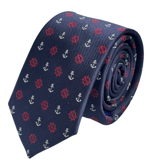 navy tie with a nautical anchor and ship wheel design