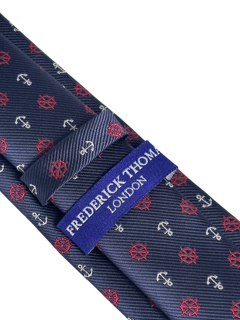 navy tie with a nautical anchor and ship wheel design
