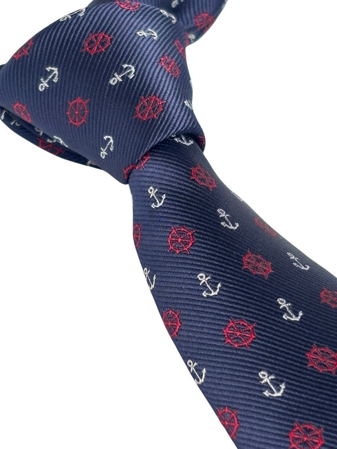 navy tie with a nautical anchor and ship wheel design
