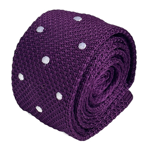 purple knitted tie with white polka spot design