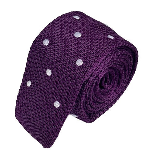 purple knitted tie with white polka spot design