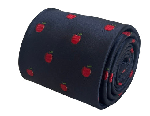 navy dark blue tie with embroidered red apple design