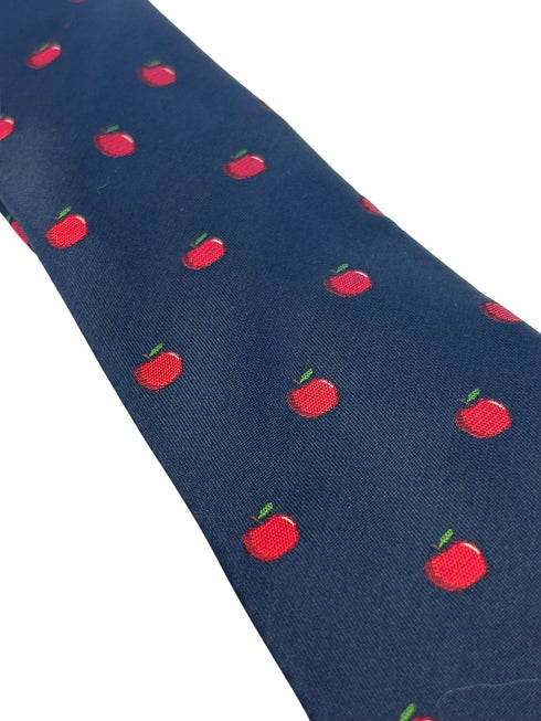 navy dark blue tie with embroidered red apple design