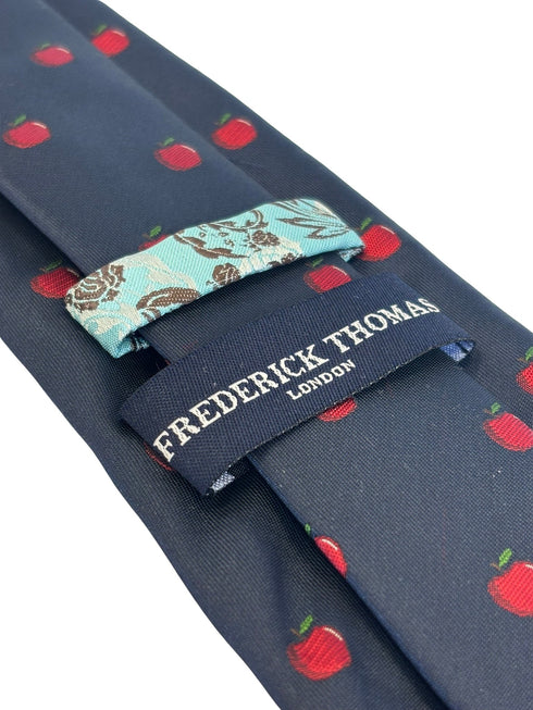 navy dark blue tie with embroidered red apple design