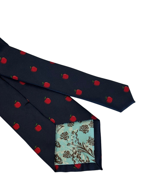 navy dark blue tie with embroidered red apple design