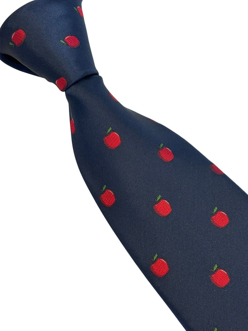 navy dark blue tie with embroidered red apple design