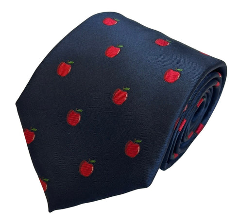 navy dark blue tie with embroidered red apple design