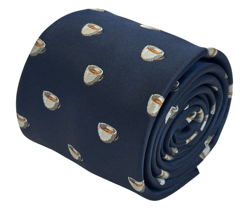 navy dark blue tie with embroidered British tea cup design