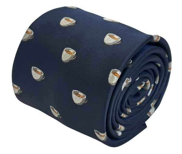 navy dark blue tie with embroidered British tea cup design