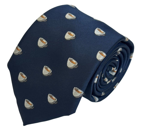 navy dark blue tie with embroidered British tea cup design