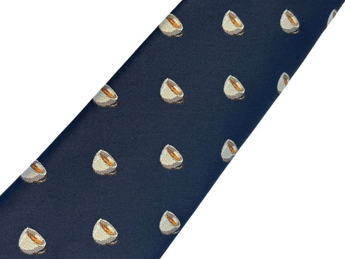 navy dark blue tie with embroidered British tea cup design