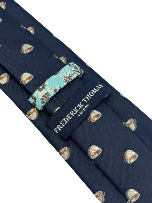 navy dark blue tie with embroidered British tea cup design