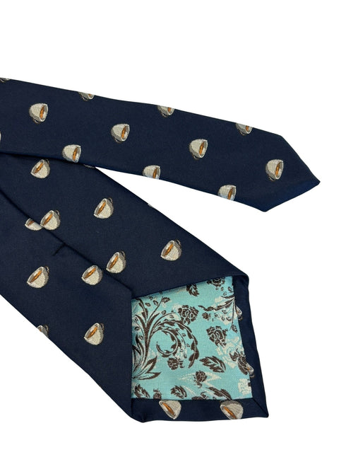 navy dark blue tie with embroidered British tea cup design