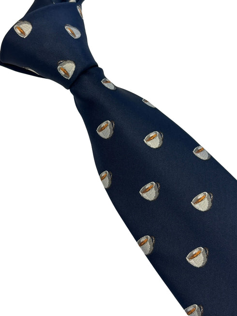 navy dark blue tie with embroidered British tea cup design