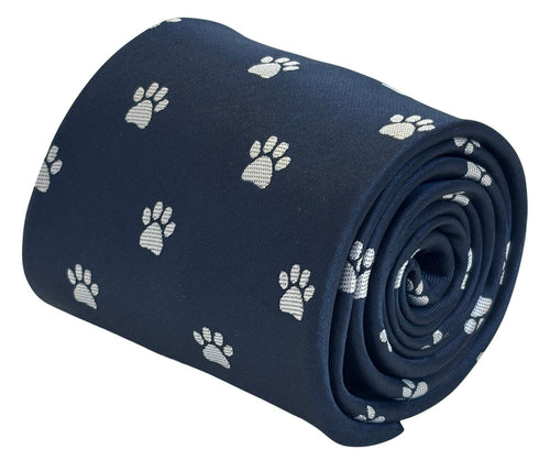 navy dark blue tie with embroidered animal paw print design
