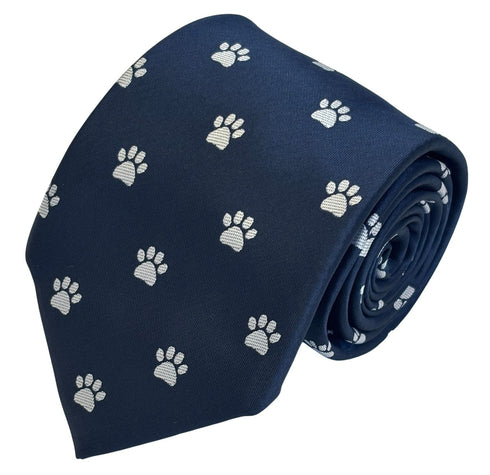 navy dark blue tie with embroidered animal paw print design