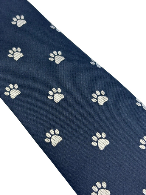 navy dark blue tie with embroidered animal paw print design