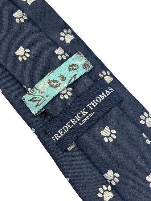 navy dark blue tie with embroidered animal paw print design