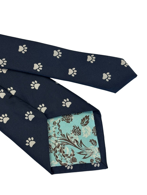 navy dark blue tie with embroidered animal paw print design