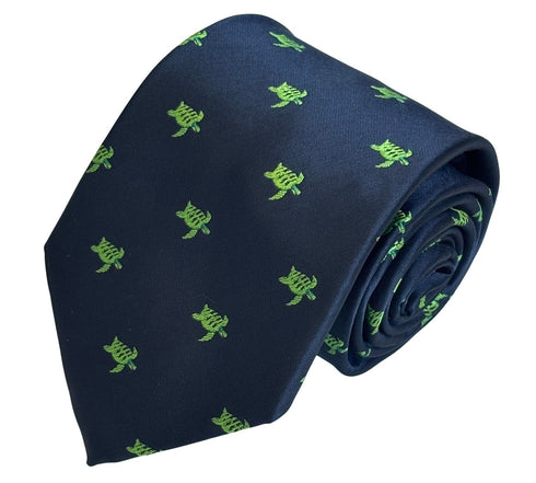 navy dark blue tie with embroidered swimming sea turtle design