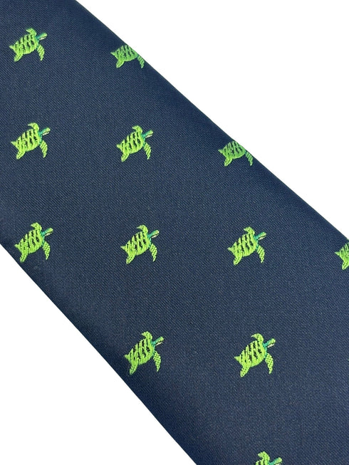 navy dark blue tie with embroidered swimming sea turtle design