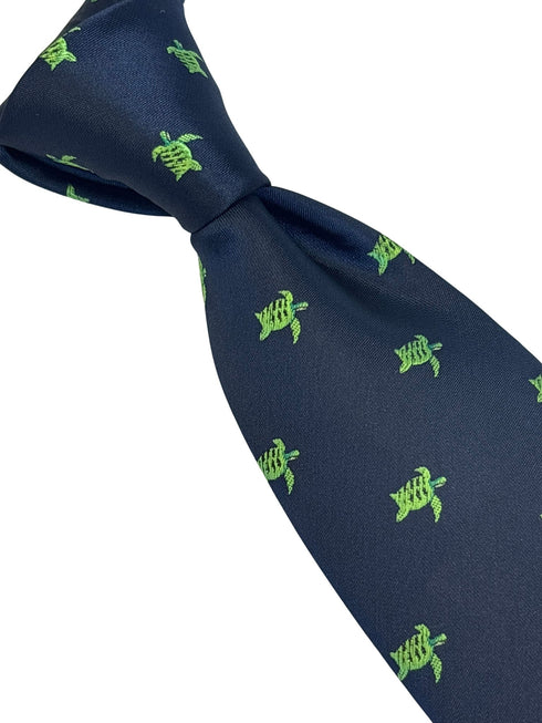 navy dark blue tie with embroidered swimming sea turtle design