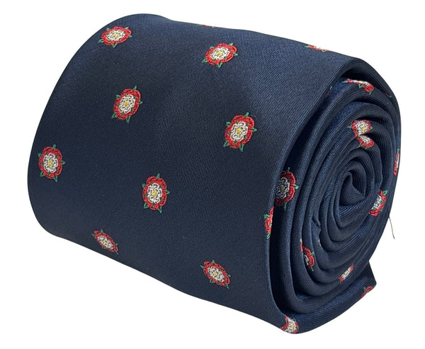 navy dark blue tie with embroidered Tudor war of roses historical design