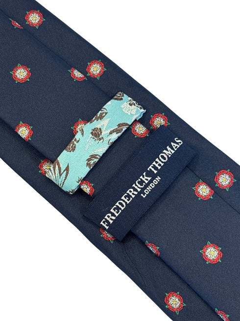 navy dark blue tie with embroidered Tudor war of roses historical design