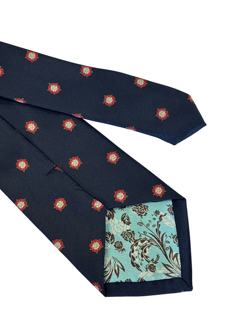 navy dark blue tie with embroidered Tudor war of roses historical design