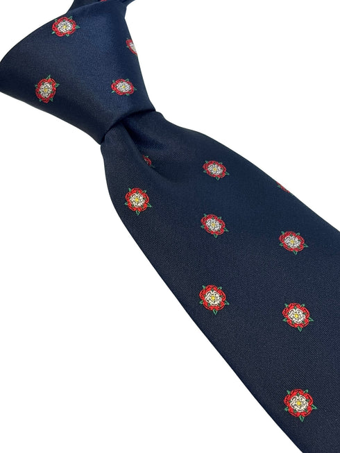 navy dark blue tie with embroidered Tudor war of roses historical design