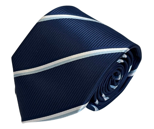 navy dark blue tie with light blue and white stripe design