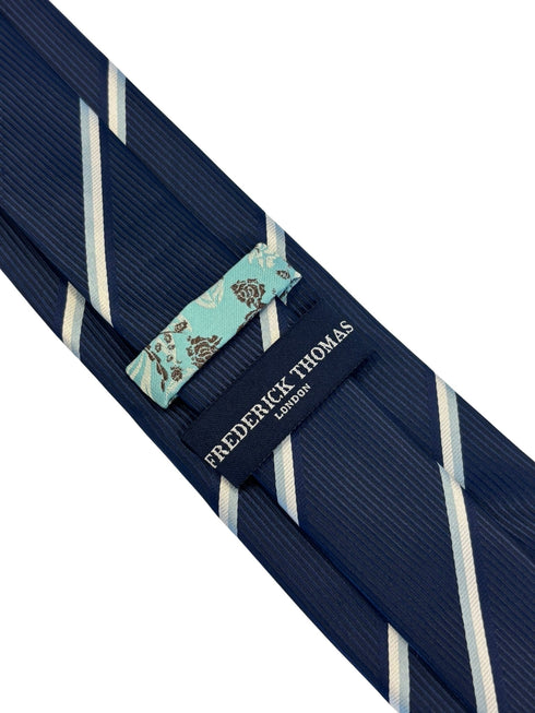 navy dark blue tie with light blue and white stripe design