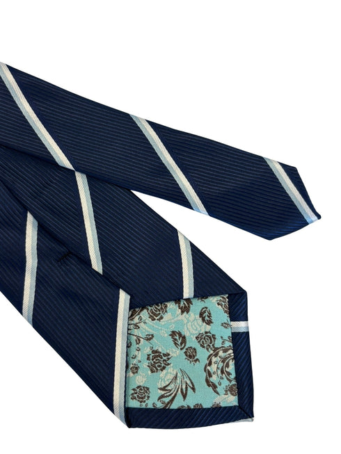 navy dark blue tie with light blue and white stripe design