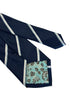 navy dark blue tie with light blue and white stripe design