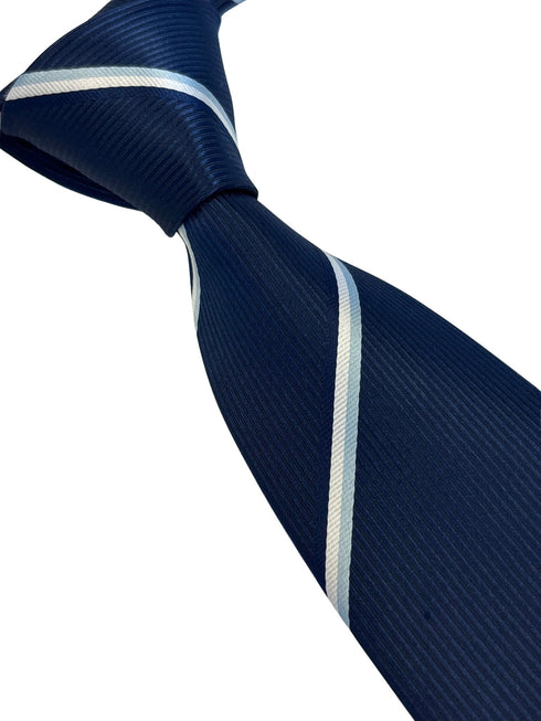 navy dark blue tie with light blue and white stripe design
