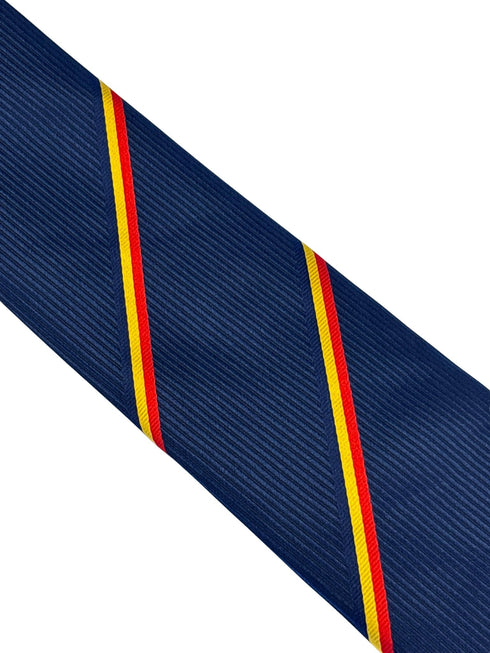 navy dark blue tie with a red and yellow stripe design