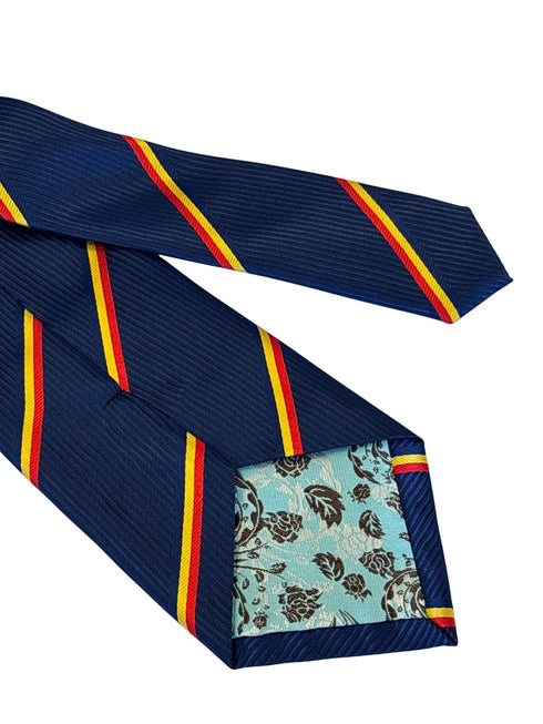 navy dark blue tie with a red and yellow stripe design