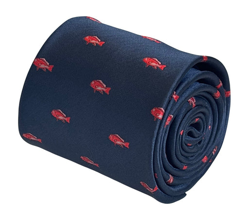 navy dark blue tie with an embroidered red snapper fishing design