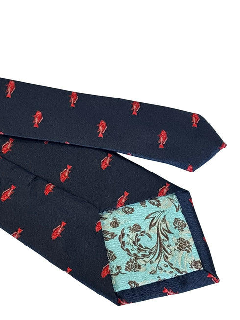 navy dark blue tie with an embroidered red snapper fishing design
