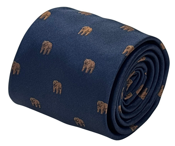 navy dark blue tie with brown grizzly bear design