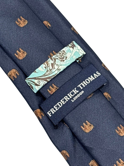 navy dark blue tie with brown grizzly bear design