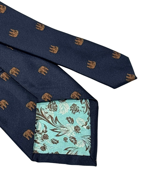 navy dark blue tie with brown grizzly bear design
